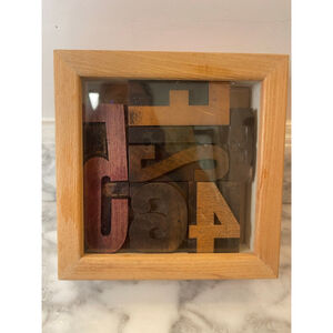 Vintage Letterpress Wood Type Block Shadow Box Typography Art Oak Frame 7x7